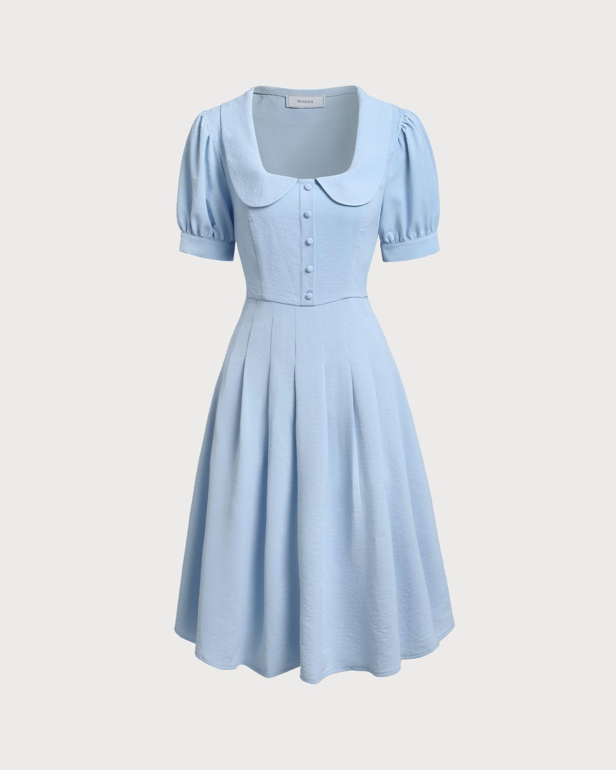 Blue U Neck Puffed Sleeve Pleated Midi Dress Product Image