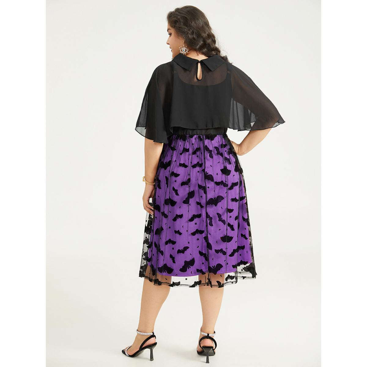 Plus Size Halloween Bat print Tiered Patchwork Dress DarkBlue Women Elegant Adjustable Straps Lapel Collar Sleeveless Curvy Midi Dress BloomChic 26/4X Product Image
