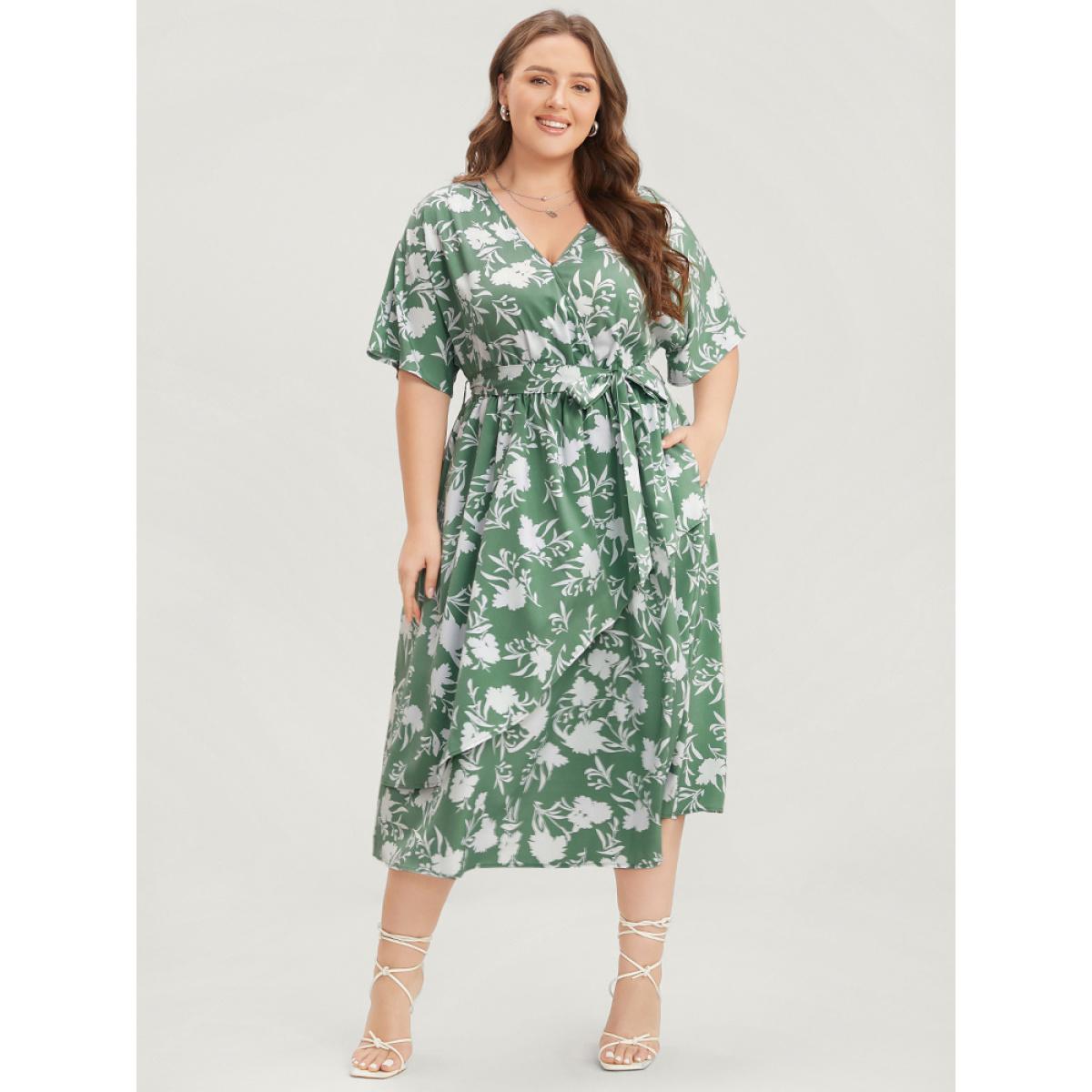 Plus Size Floral Dolman Sleeve Pocket Belted Wrap Asymmetrical Flutter Dress Mint Women Elegant Belted V-neck Half Sleeve Curvy Midi Dress BloomChic 26/4X Product Image