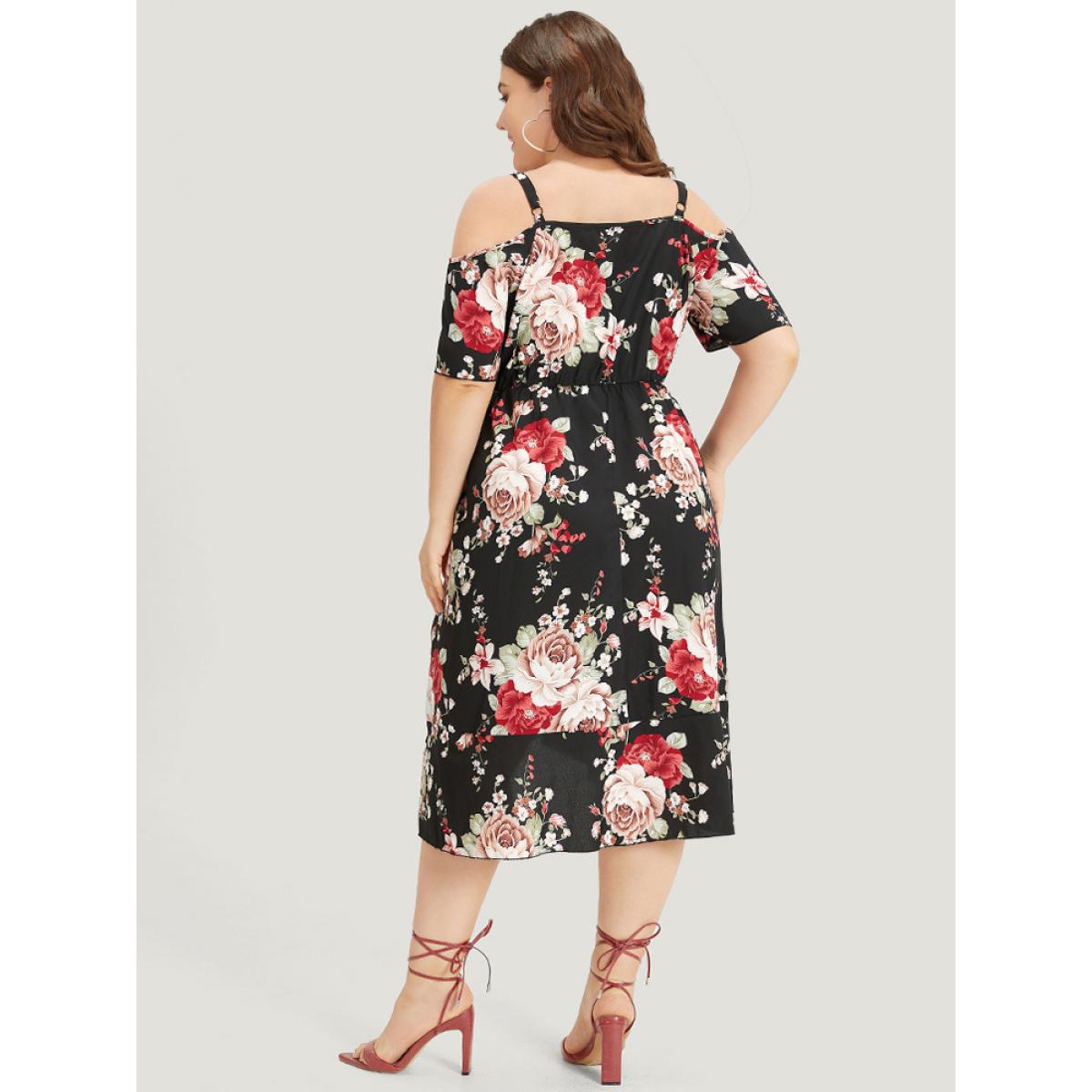 Plus Size Floral Print Pocket Asymmetrical Hem Cold Shoulder Dress Black Women Elegant Elastic Waist Cold Shoulder Short sleeve Curvy Midi Dress BloomChic 26/4X Product Image
