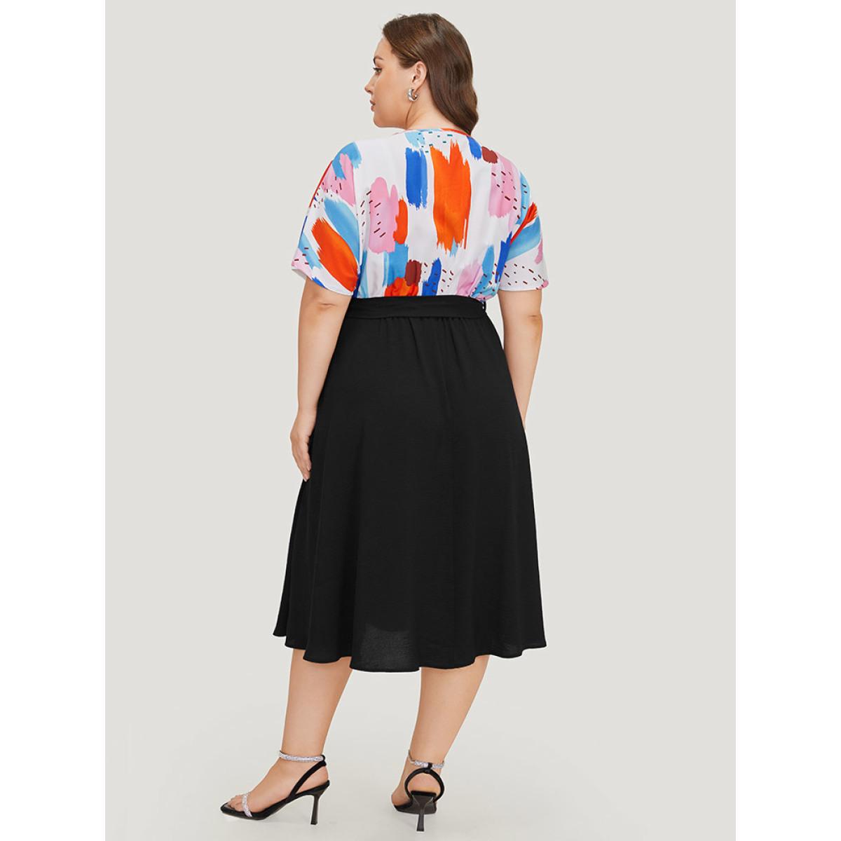 Plus Size Brush Print Surplice Neck Belted Patchwork Flutter Dress Black Women Office Wrap V-neck Short sleeve Curvy Midi Dress BloomChic 28/5X Product Image