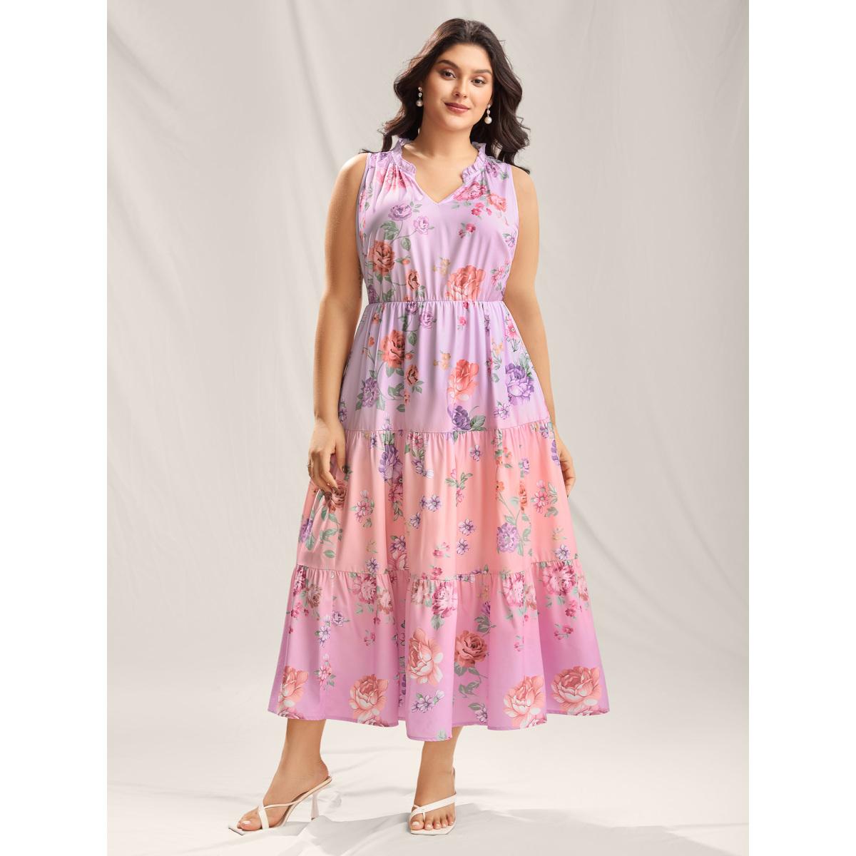 Plus Size Floral Print Pockets Gradient Maxi Dress Blush Women Notched collar Sleeveless Curvy BloomChic 30/6X Product Image