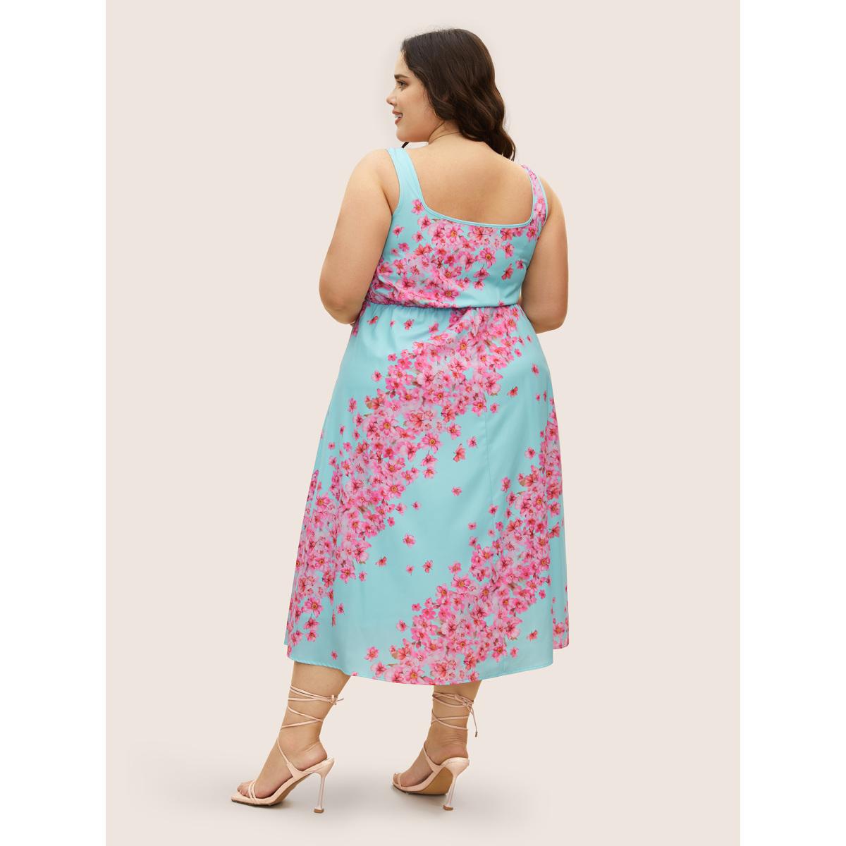 Plus Size Boho Print Square Neck Elastic Waist Dress Skyblue Women Elegant Square Neck Sleeveless Curvy BloomChic 14-16/1X Product Image