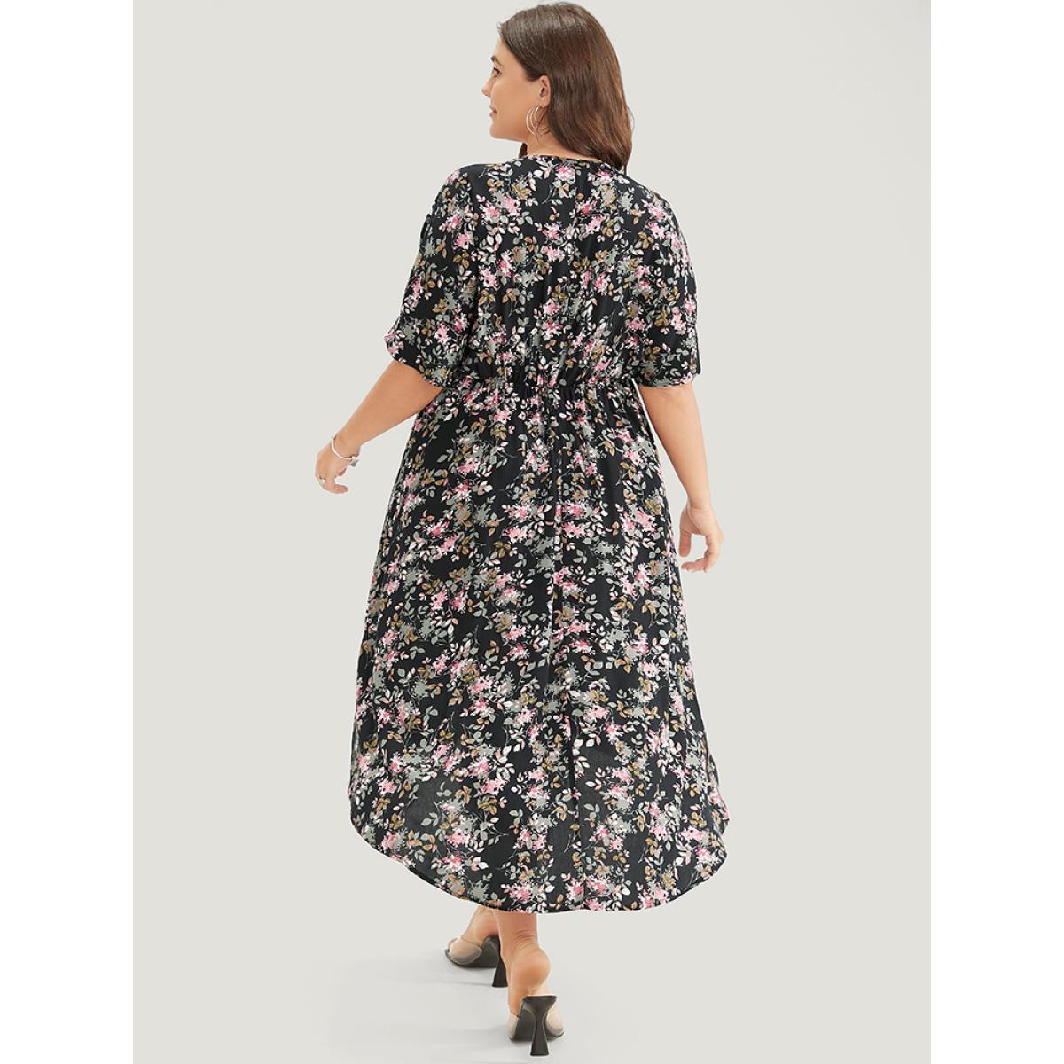 Plus Size Floral Lace Insert Dolman Sleeve Pocket Ruffle High Low Dress Black Women Elegant Lace V-neck Short sleeve Curvy Midi Dress BloomChic 30/6X Product Image