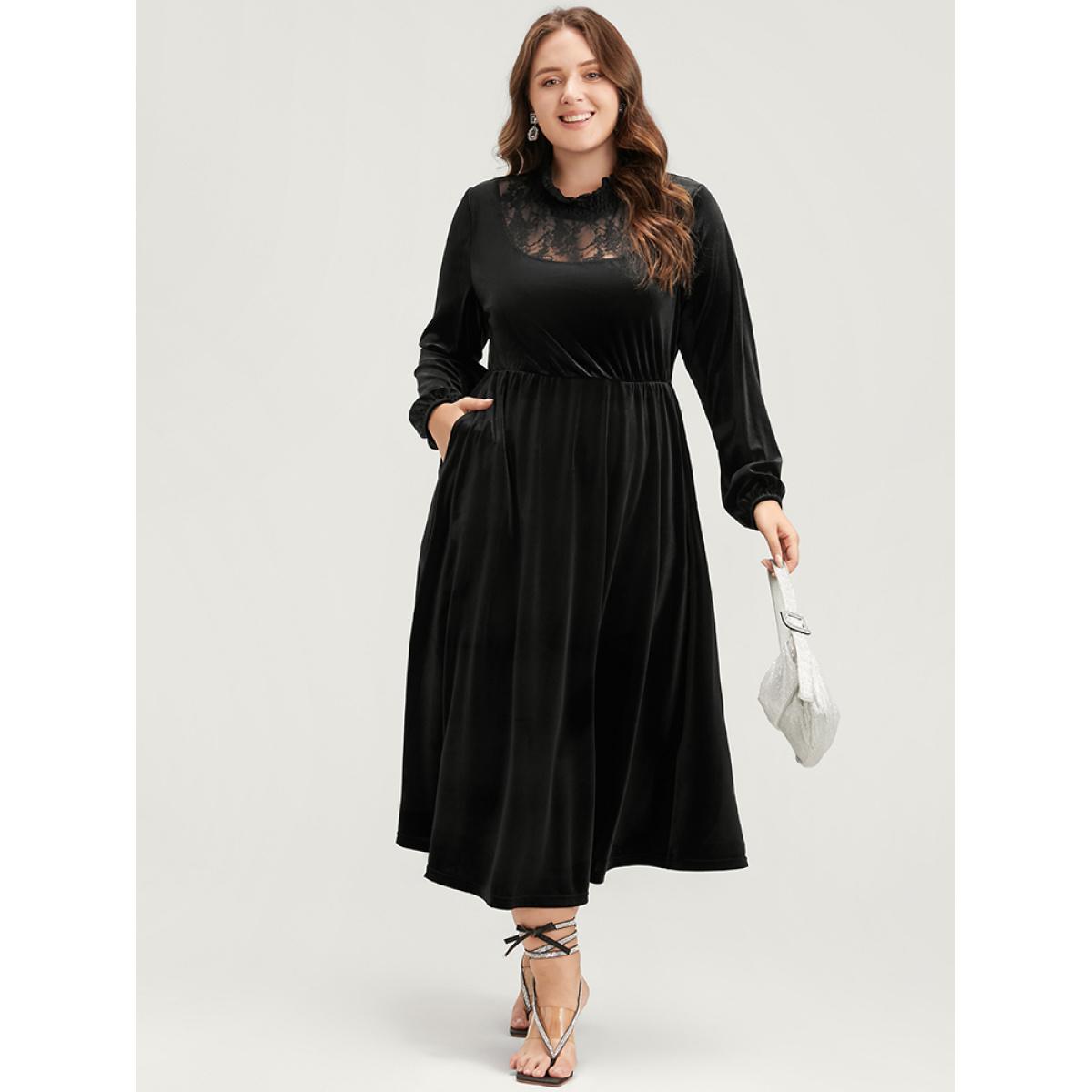Plus Size Solid Lace Pocket Velvet Shirred Mock Neck Flutter Dress Black Women Glamour Patchwork Mock Neck Long Sleeve Curvy Midi Dress BloomChic 14-16/1X Product Image