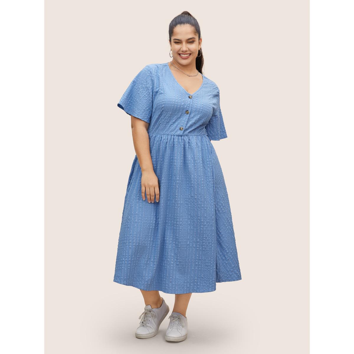 Plus Size Solid Textured Jacquard Pocket Dress Cerulean Women Casual Texture V-neck Short sleeve Curvy BloomChic 22-24/3X Product Image
