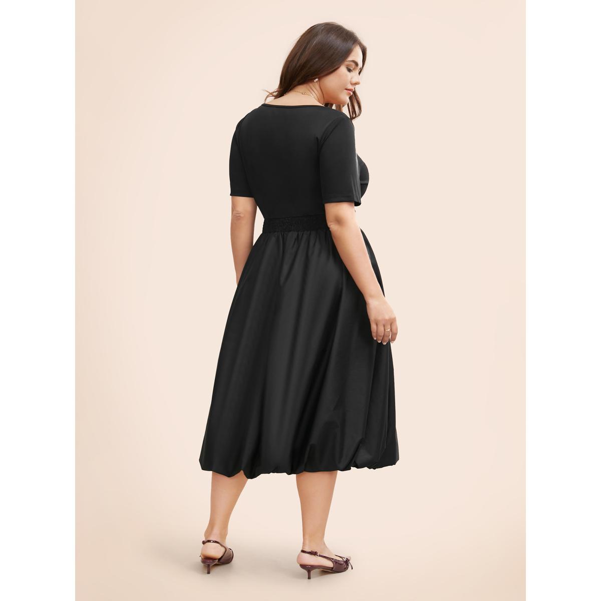 Plus Size Solid Shirred Bubble Hem Midi Dress Black Women Elegant Patchwork Square Neck Short sleeve Curvy BloomChic 22-24/3X Product Image