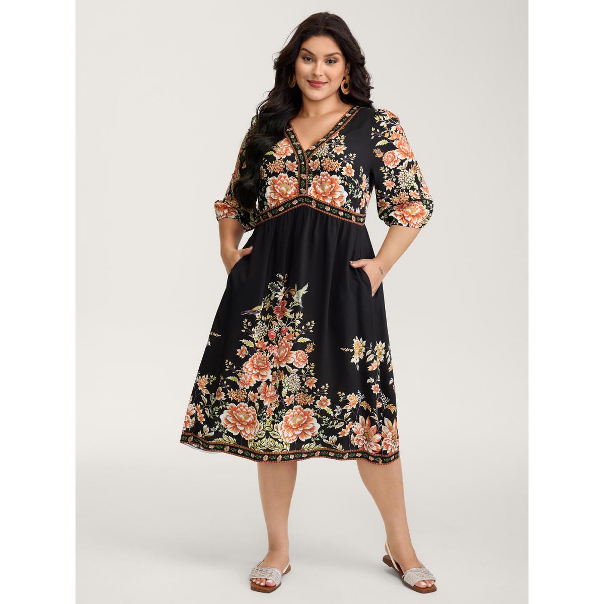 Plus Size Rayon Floral Print Contrast V-Neck Midi Dress Black Women Boho Gathered V-neck Elbow-length sleeve Curvy BloomChic 12/L Product Image