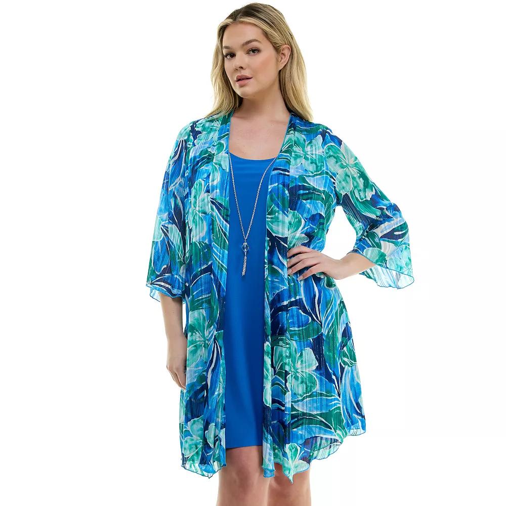 Plus Size Luxology 2-Piece 3/4 Bell Sleeve Cardigan & Drop Collar Dress Set, Women's, Size: 1XL, Green Royal Ivory Product Image