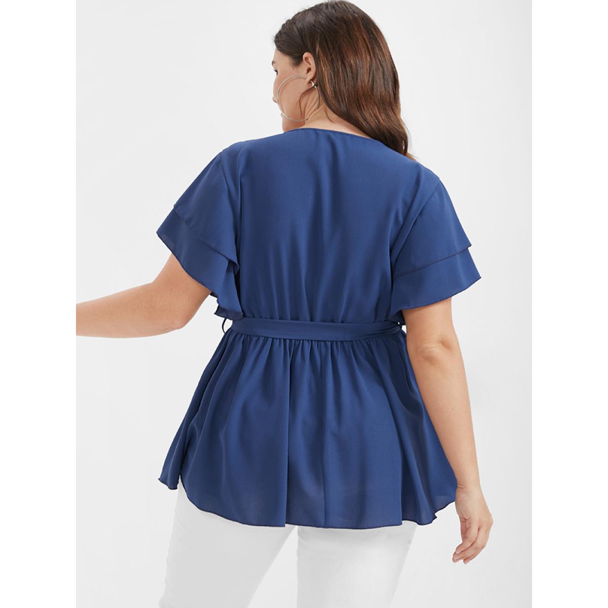 Plus Size DarkBlue Solid Babydoll Flutter Tiered Belted V Neck Blouse Women Elegant Short sleeve V-neck Dailywear Blouses BloomChic 14-16/1X Product Image
