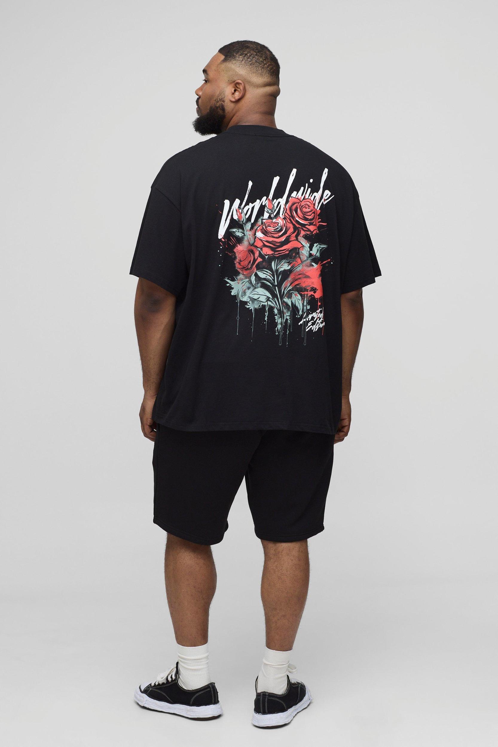 Plus Oversized Extended Neck Worldwide Floral Print T-Shirt | boohooMAN USA Product Image