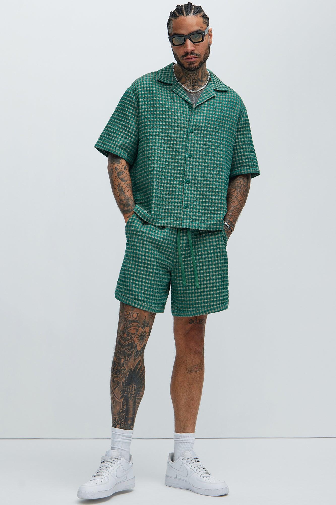 Dimensional Textured Button Up Shirt - Green/combo Product Image