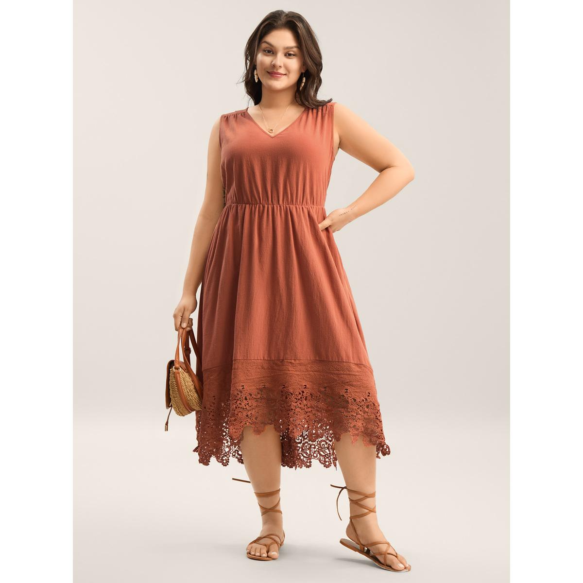 Plus Size Cotton Lace Trim High Low Hem Midi Dress Rust Women V-neck Sleeveless Curvy BloomChic 26/4X Product Image