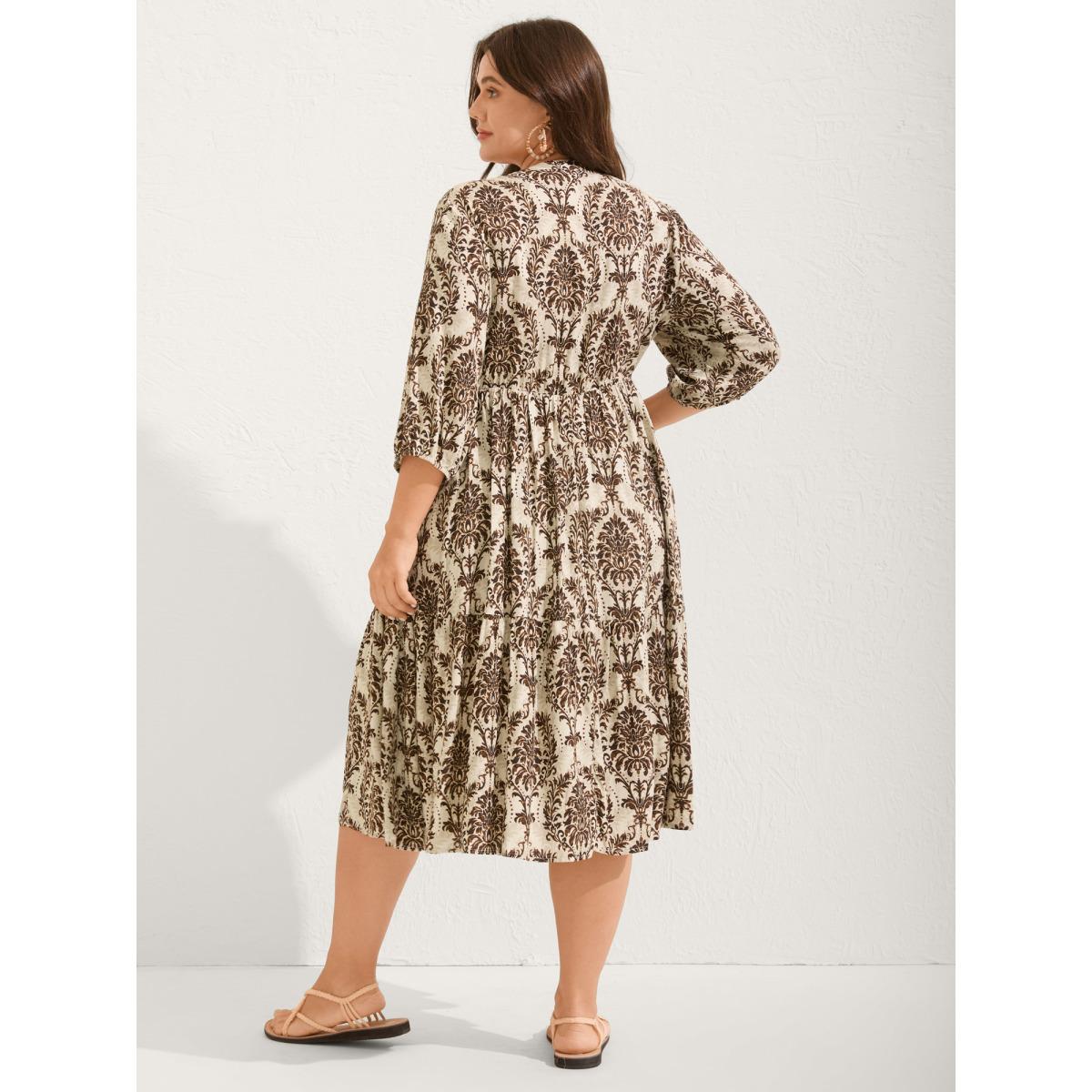 Plus Size Damask Print Tie Knot Puff Sleeve Dress Browncoffeecolor Women Boho Tie knot V-neck Elbow-length sleeve Curvy BloomChic 28/5X Product Image