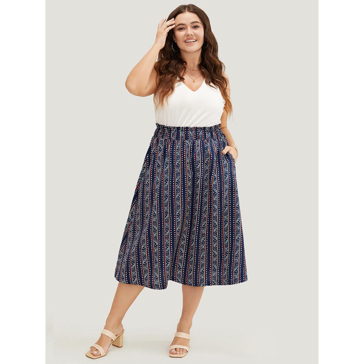 Plus Size Striped Print Pocket Paperbag Waist Skirt Women Indigo Vacation No stretch Pocket Dailywear Skirts BloomChic 18-20/2X Product Image