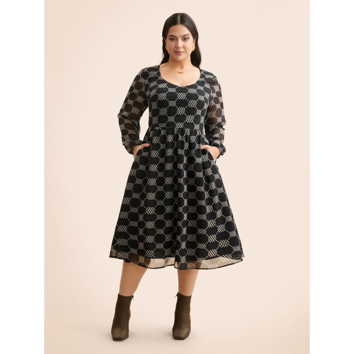 Plus Size U Neck Geometric Mesh Dress BlackFlower Women At the Office See through U-neck Long Sleeve Curvy BloomChic 26/4X Product Image