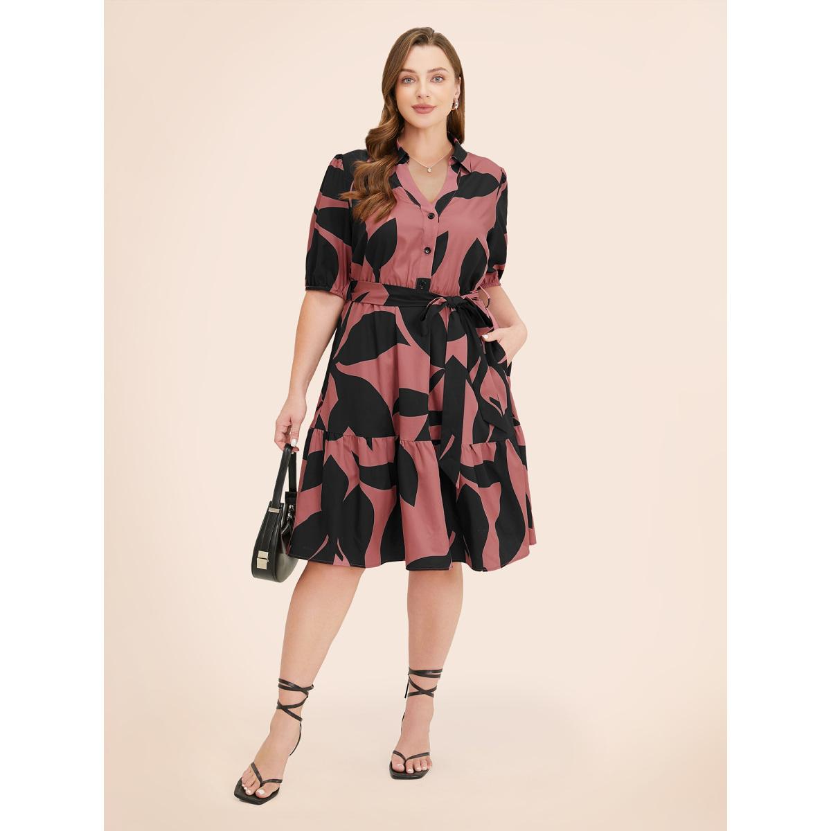 Plus Size Plant Pocket Puff Sleeve Belt Ruffle Hem Button Up Dress Multicolor Women Office Belted Shirt collar Short sleeve Curvy Knee Dress BloomChic 14-16/1X Product Image