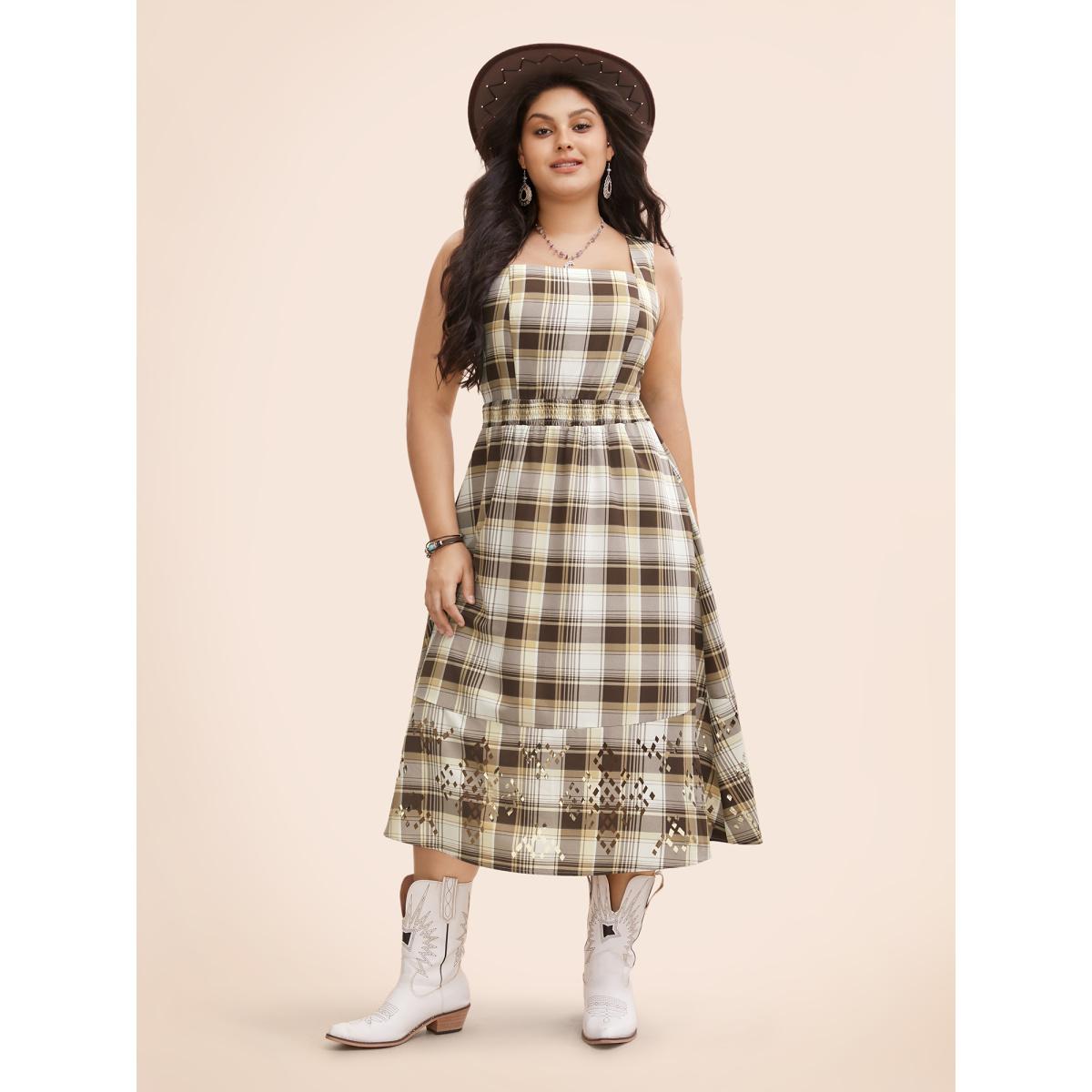 Plus Size Burntout Hem Waist Defining Midi Dress DarkBrown Women Resort Cut-Out Square Neck Sleeveless Curvy BloomChic 28/5X Product Image