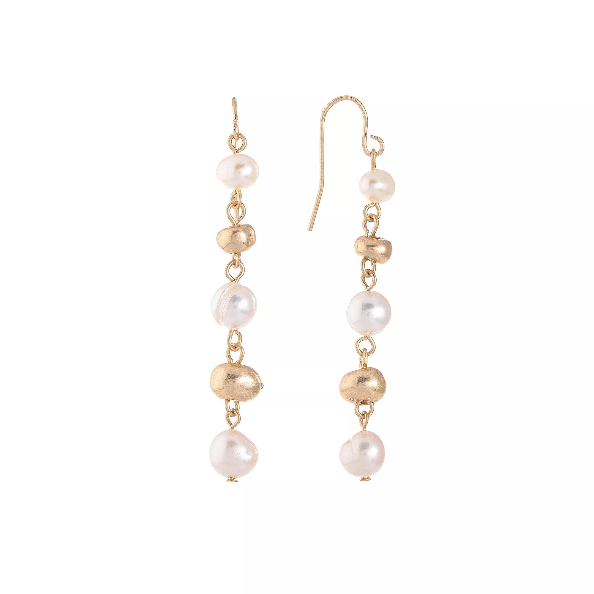 Bella Uno Worn Gold Bead & Freshwater Cultured Pearl Dangle Earrings, Women's, Gold Tone Product Image