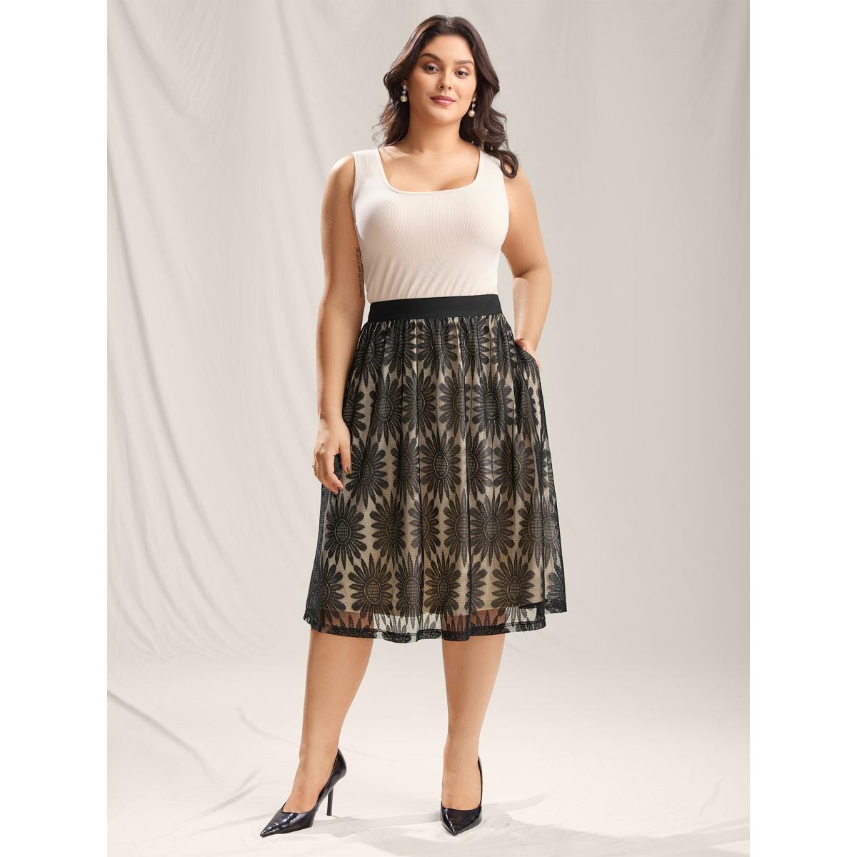 Plus Size Geometric Print Lace Midi Skirt Women Black Elegant See through Bodycon Low stretch Slanted pocket Everyday-Elegant Skirts BloomChic 14-16/1X Product Image
