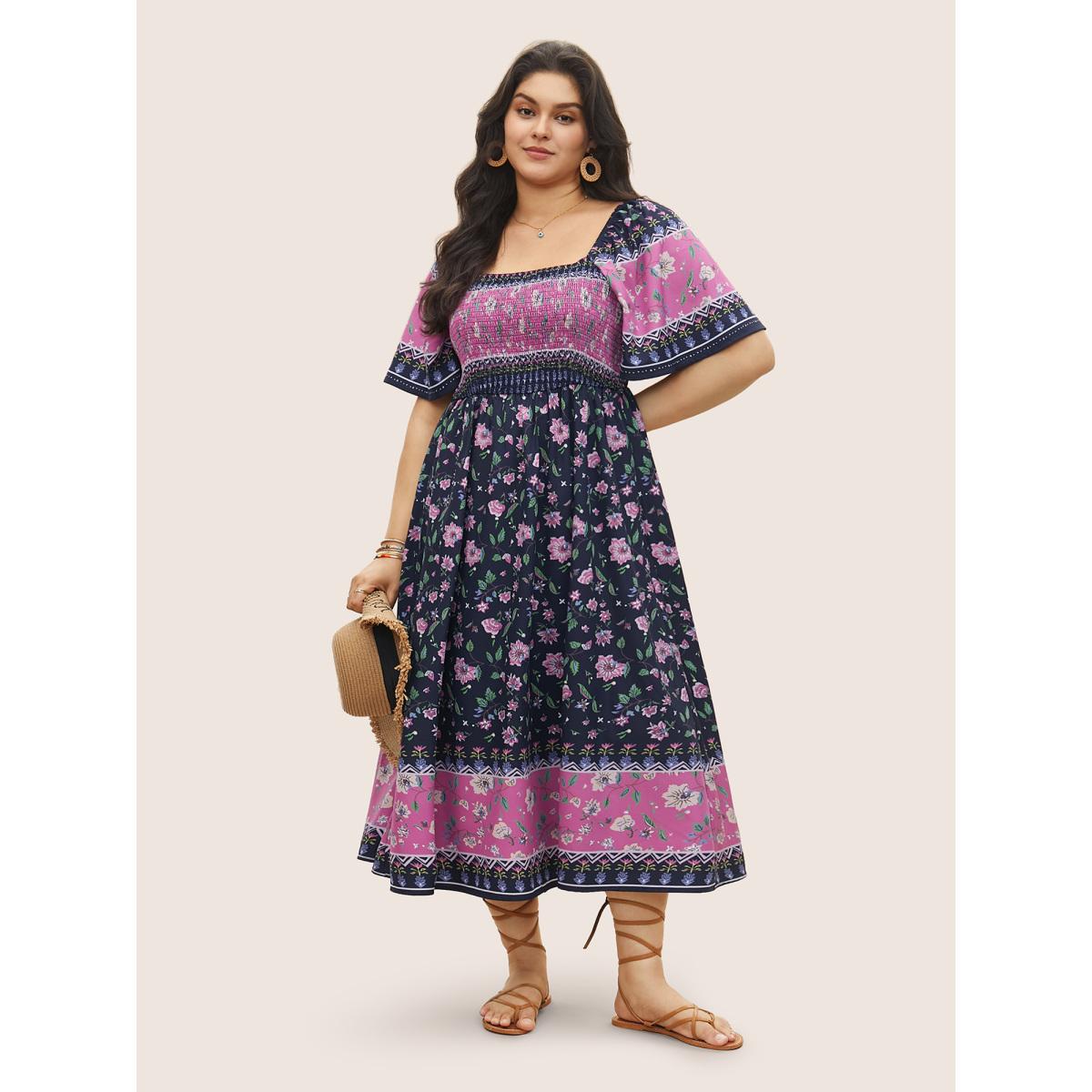 Plus Size Ditsy Floral Shirred Patchwork Ruffle Sleeve Dress Black Women Resort Shirred Square Neck Short sleeve Curvy Midi Dress BloomChic 28/5X Product Image