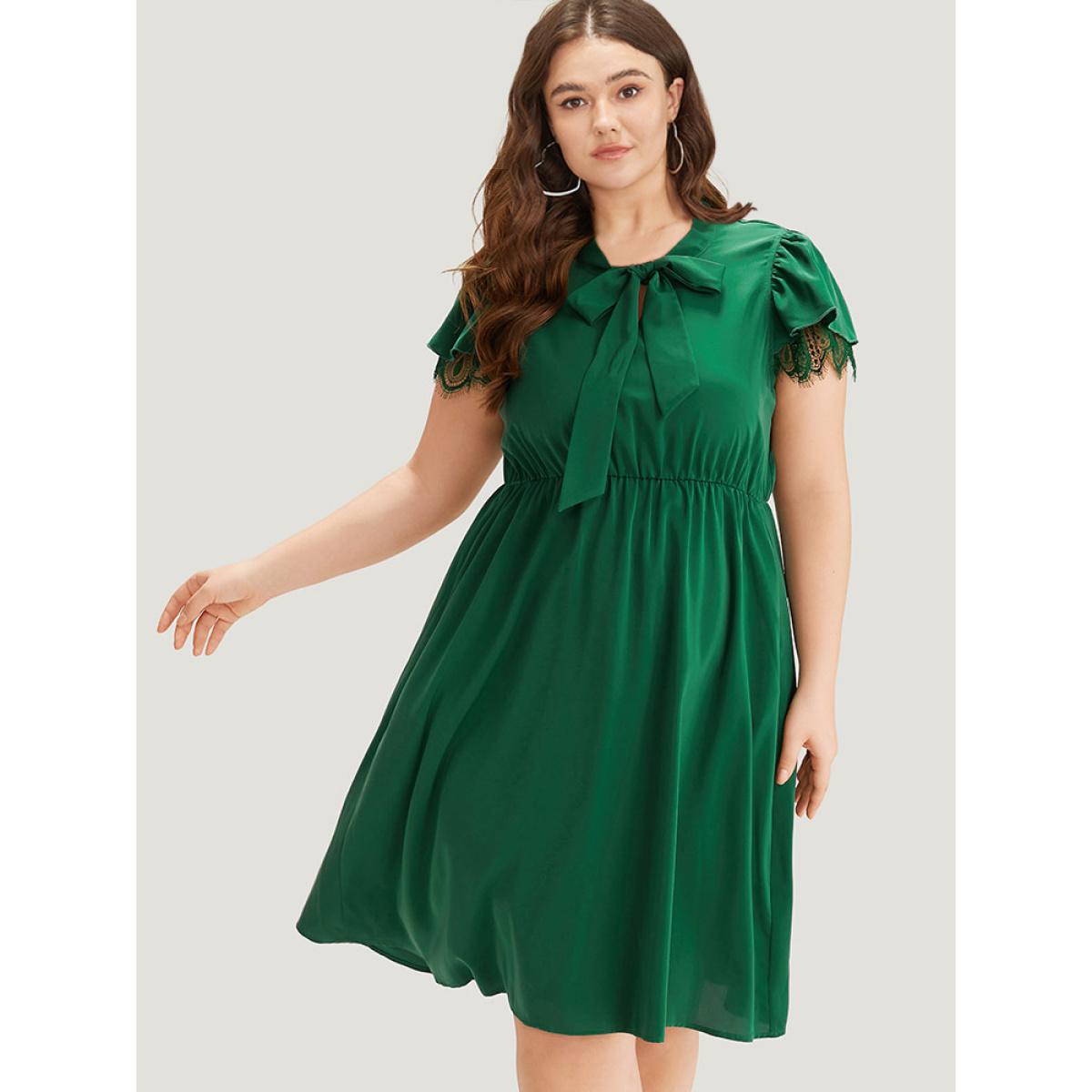 Plus Size Solid Knot Neck Pocket Eyelet Lace Dress Green Women Office Plain Tie Neck Sleeveless Curvy Midi Dress BloomChic 22-24/3X Product Image
