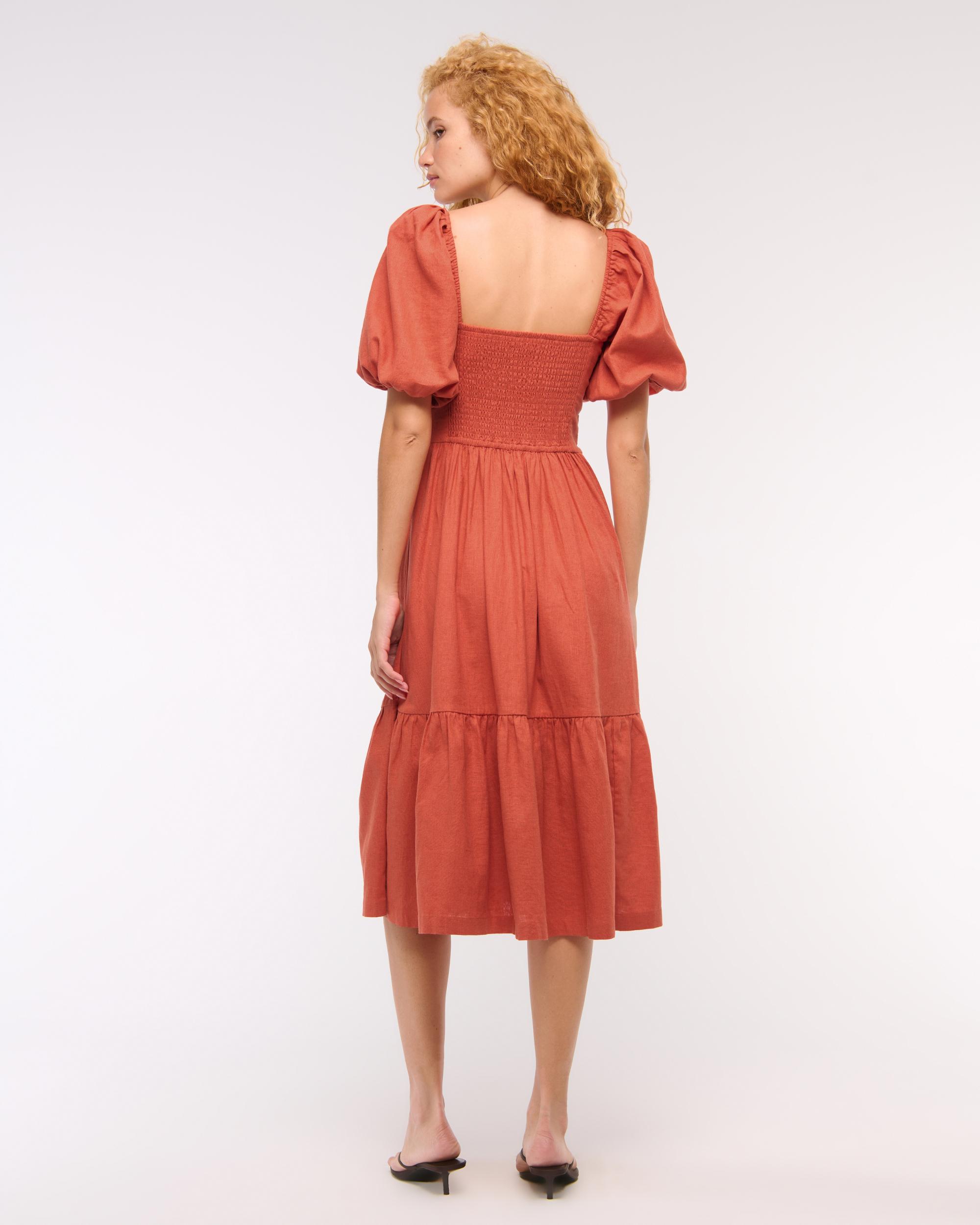 The A&F Emerson Linen-Blend Puff Sleeve Midi Dress Product Image