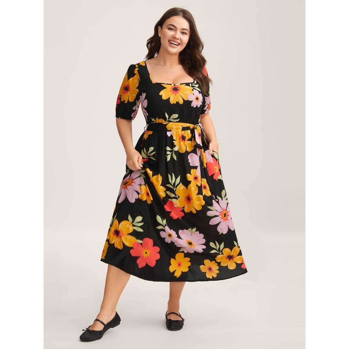 Plus Size Rayon Sunkissed Florals Belted Pockets Midi Dress Black Women Heart neckline Short sleeve Curvy BloomChic 12/L Product Image