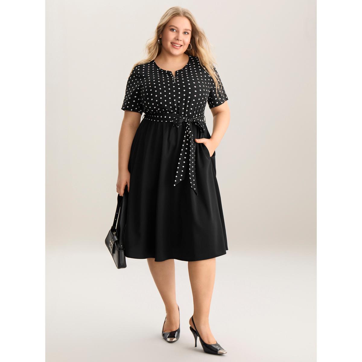 Plus Size Polka Dot Print Half Zipper Midi Dress BlackFlower Women Round Neck Short sleeve Curvy BloomChic 18-20/2X Product Image