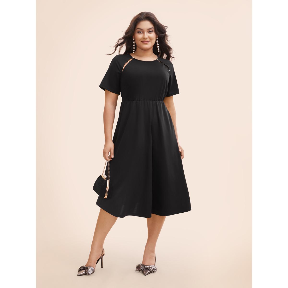 Plus Size Pearl Beaded Cut Out Raglan Sleeve Dress Black Women Elegant Beaded Round Neck Short sleeve Curvy BloomChic 18-20/2X Product Image