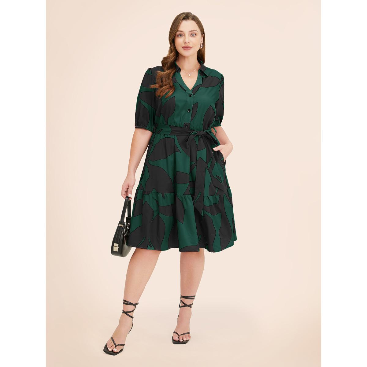 Plus Size Plant Pocket Puff Sleeve Belt Ruffle Hem Button Up Dress DarkGreen Women Office Belted Shirt collar Short sleeve Curvy Knee Dress BloomChic 22-24/3X Product Image