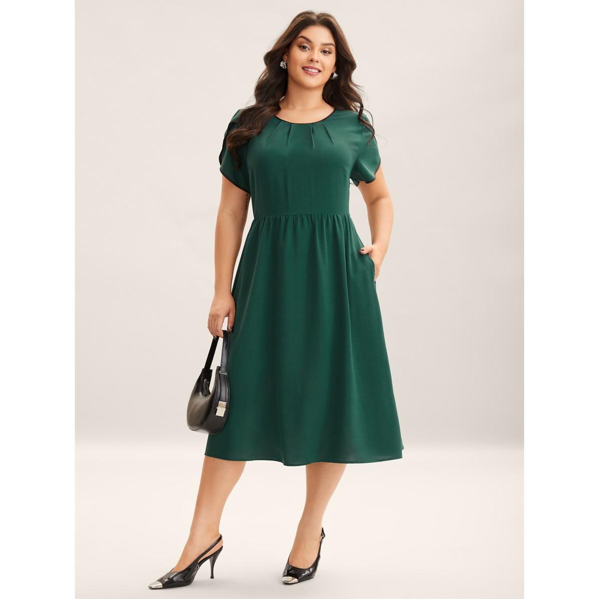 Plus Size Petal Sleeve Pleated Pockets Midi Dress DarkGreen Women Office Round Neck Short sleeve Curvy BloomChic 10/M Product Image