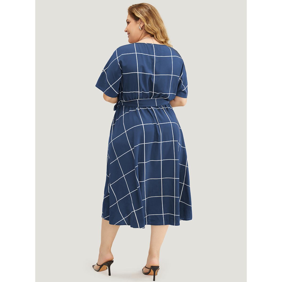 Plus Size Plaid Print Pocket Belted Ruffle Hem Dolman Sleeve Dress DarkBlue Women Office Cross straps Round Neck Short sleeve Curvy Midi Dress BloomChic 12/L Product Image