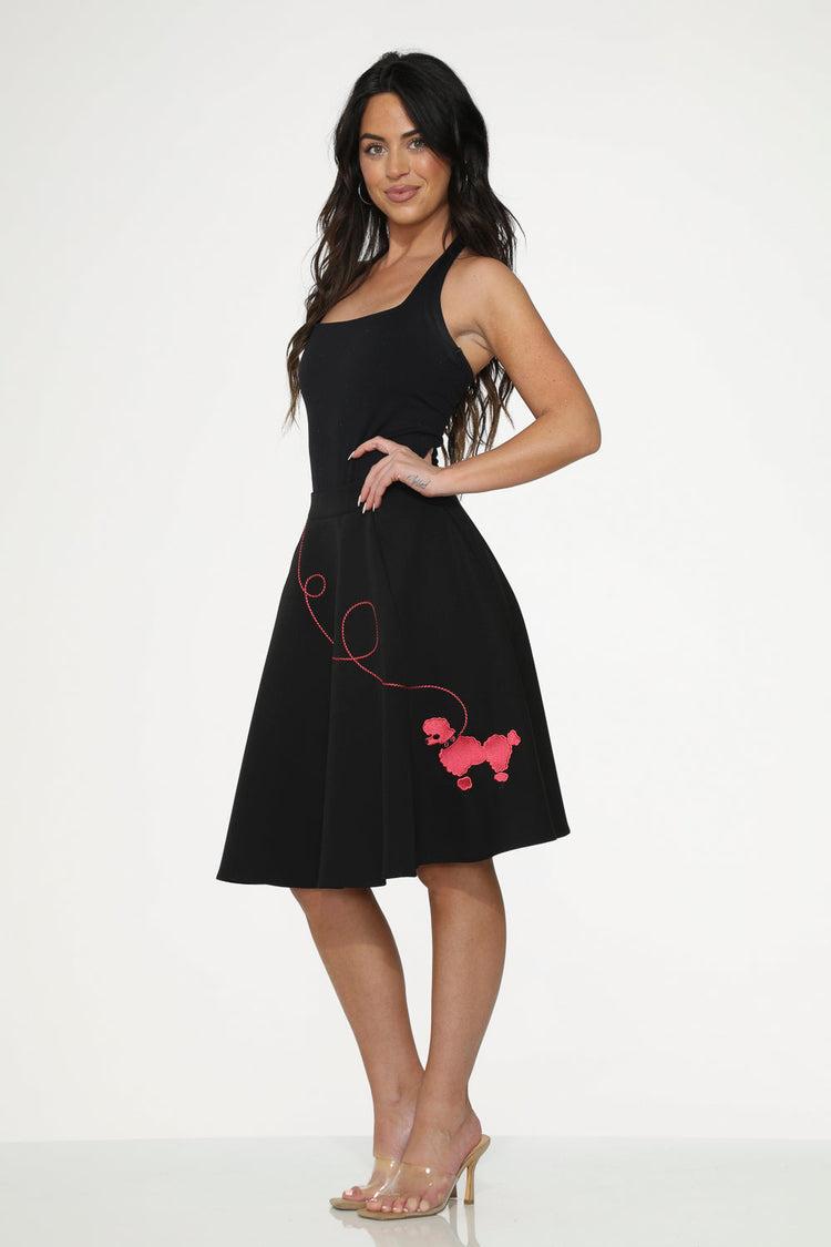 Black Hot Pink Embroidered Poodle Swing Skirt Product Image
