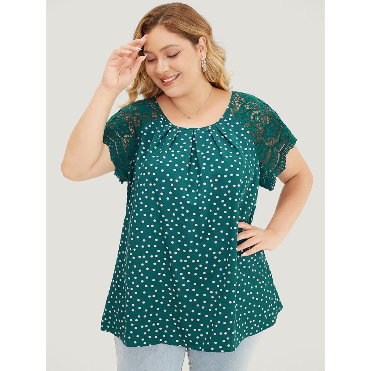 Plus Size Emerald Polka Dot Pleated Detail Lace Raglan Sleeve Blouse Women Elegant Short sleeve Round Neck Dailywear Blouses BloomChic 10/M Product Image