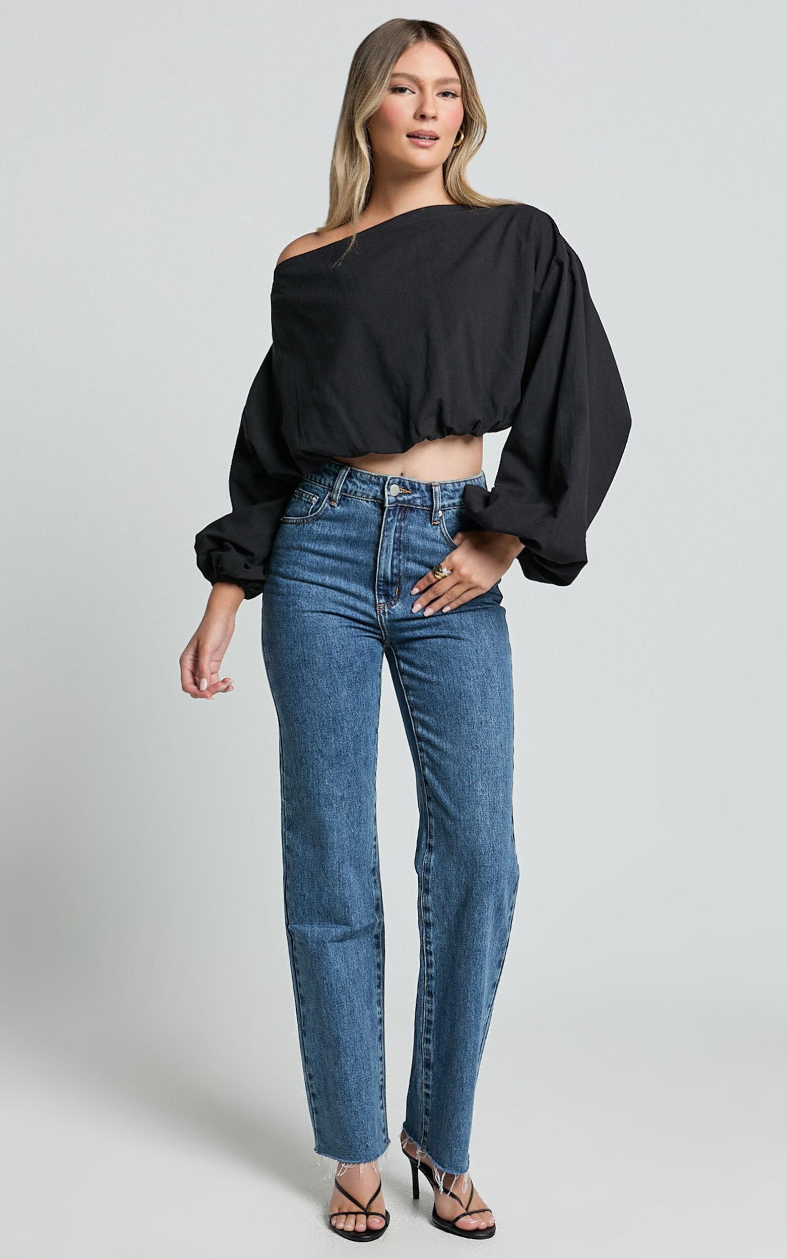 Alesia Top - Asymmetrical Boat Neck Elastic Hem Crop Top in Black Product Image