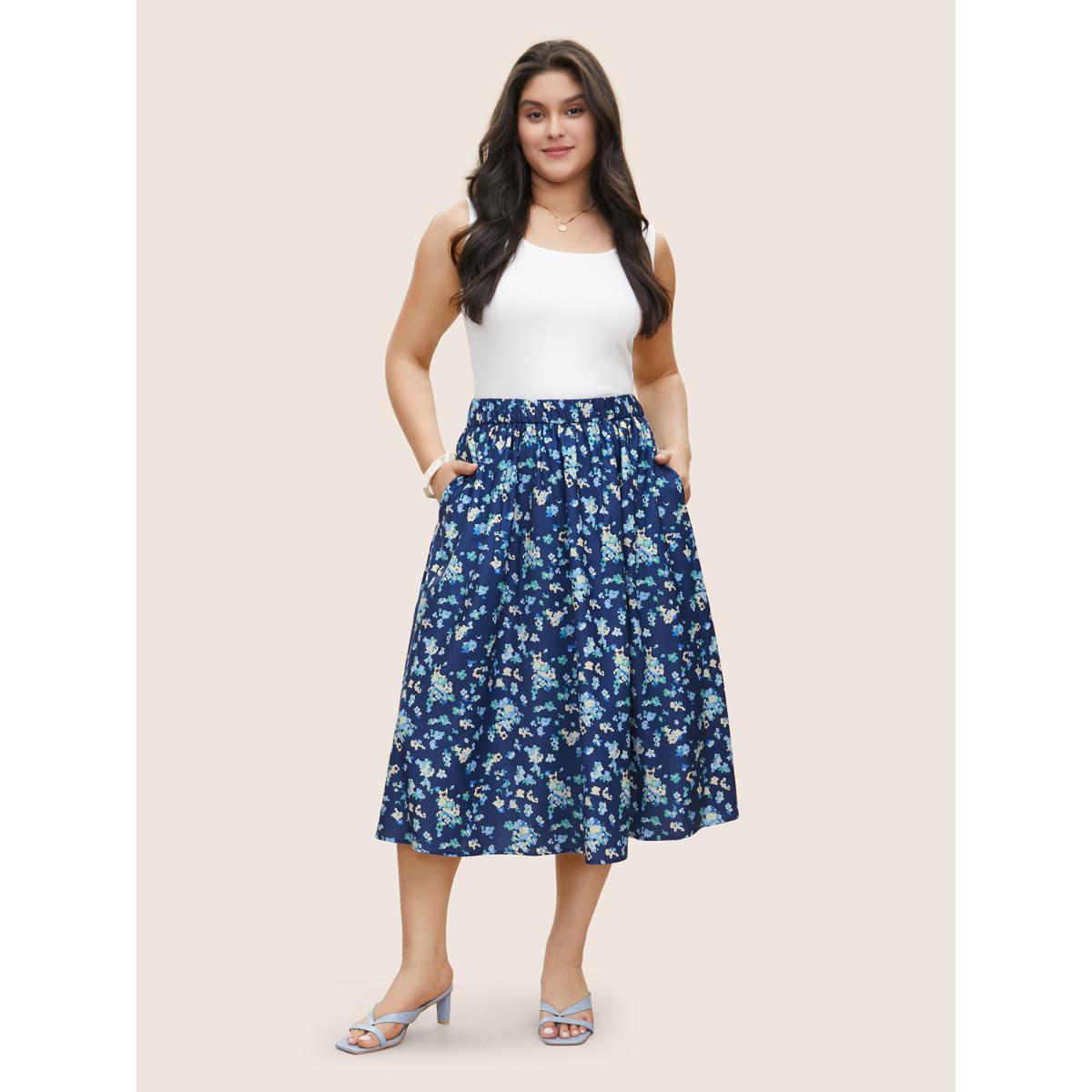 Plus Size Ditsy Floral Print Elastic Waist Pocket Midi Skirt Women Aegean Elegant Non No stretch Slanted pocket Everyday Skirts BloomChic 10/M Product Image