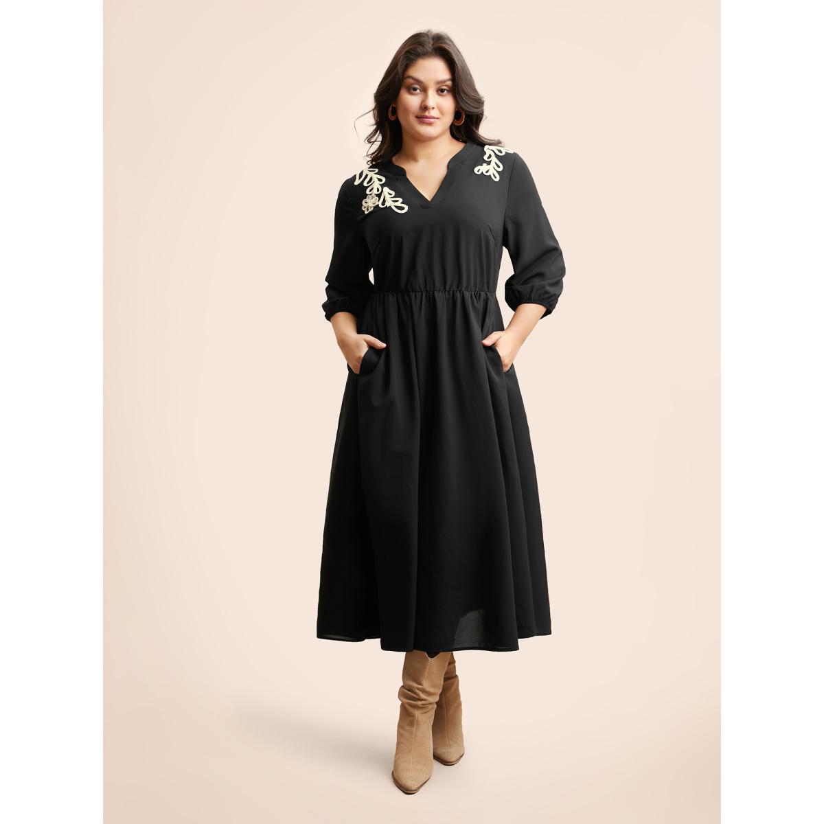 Plus Size Notched Stereo Flower Design Midi Dress Black Women Resort Woven ribbon&lace trim Notched collar Elbow-length sleeve Curvy BloomChic 30/6X Product Image