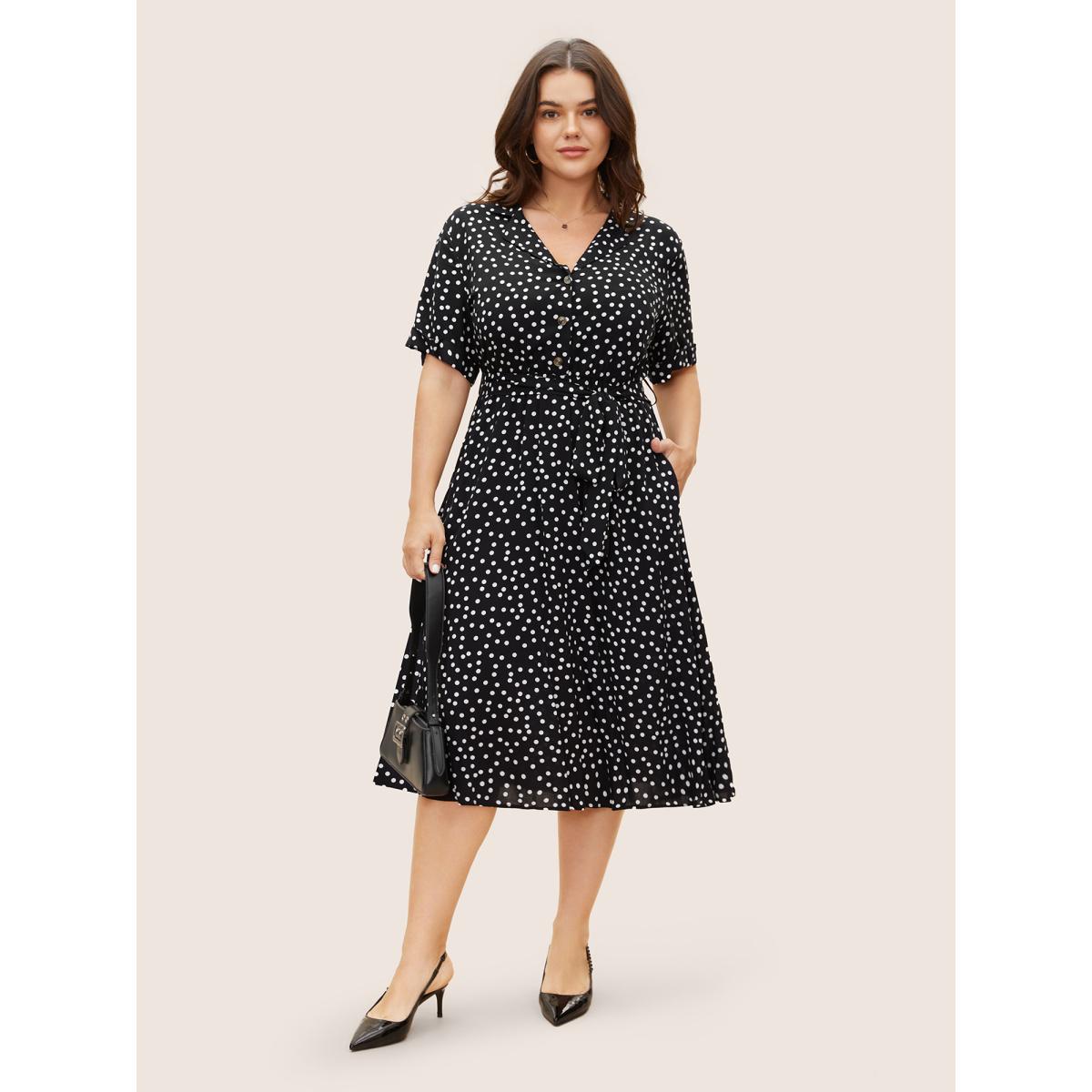 Plus Size Polka Dot Suit Collar Cuffed Sleeve Dress Black Women Workwear Essentials Belted Suit Collar Short sleeve Curvy BloomChic 14-16/1X Product Image
