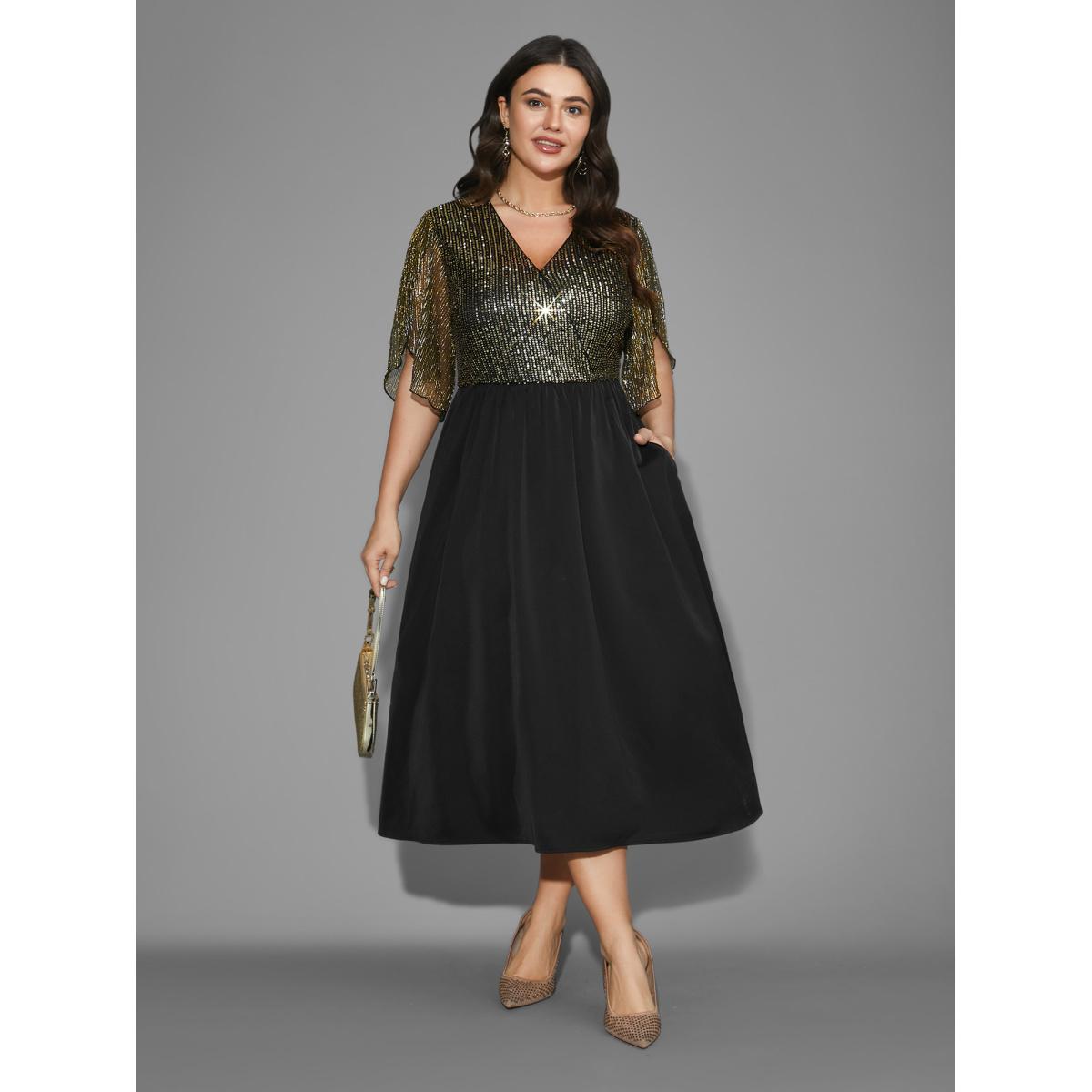 Plus Size Sequin Mesh Petal Sleeve Midi Dress Black Women Cocktail Overlapping Party Curvy Bloomchic 18-20/2X Product Image