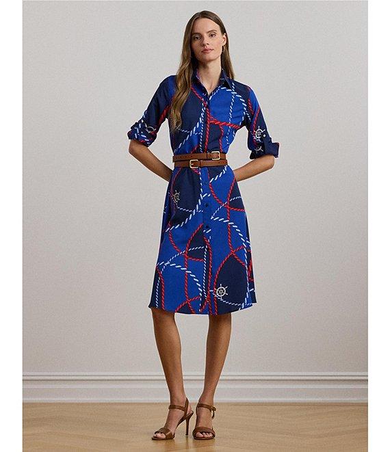 Lauren Ralph Lauren Crepe De Chine Rope Print Point Collar Long Sleeve Button Front Fit-And-Flare Shirtdress Product Image