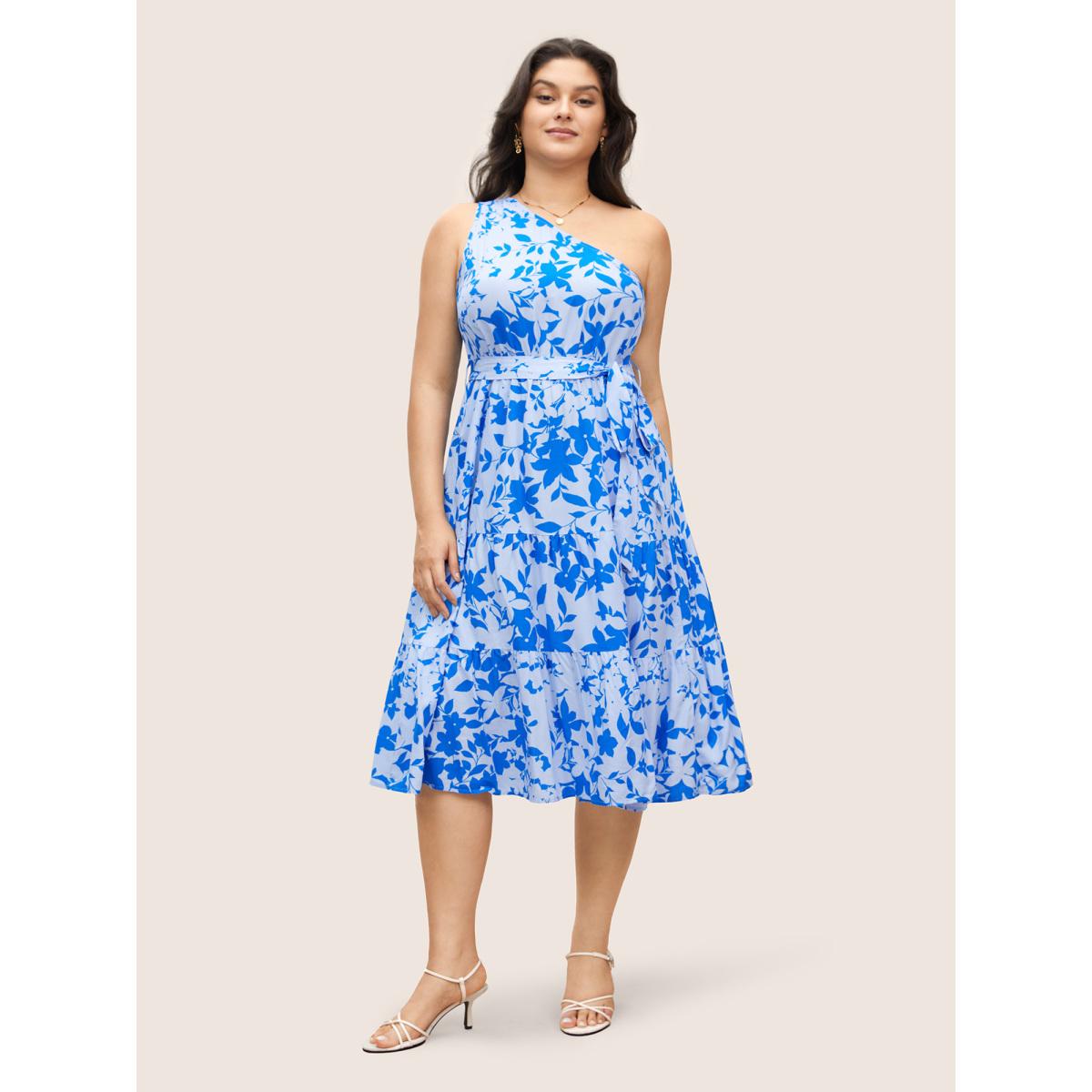 Plus Size Silhouette Floral Print One Shoulder Belted Dress Blue Women Elegant Belted Asymmetrical Neck Long Sleeve Curvy Midi Dress BloomChic 30/6X Product Image
