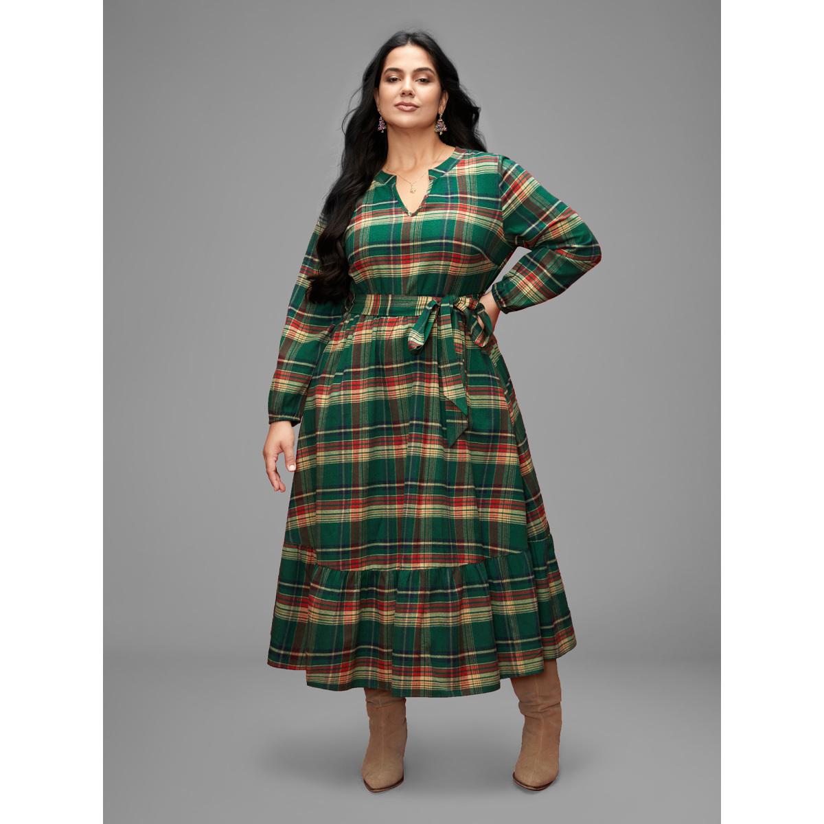 Plus Size Festive Notched Collar Plaid Dress Truegreen Women Leisure Belted Flat collar with V-notch Long Sleeve Curvy BloomChic 22-24/3X Product Image
