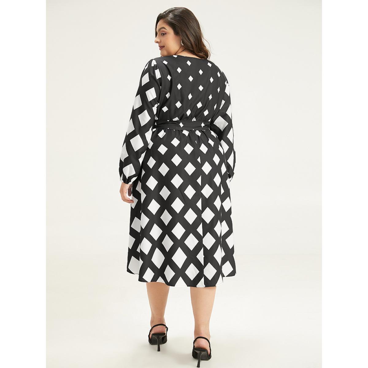 Plus Size Geometric Print Belted Lantern Sleeve Dress BlackFlower Women Office Elastic cuffs V-neck Long Sleeve Curvy Midi Dress BloomChic 26/4X Product Image