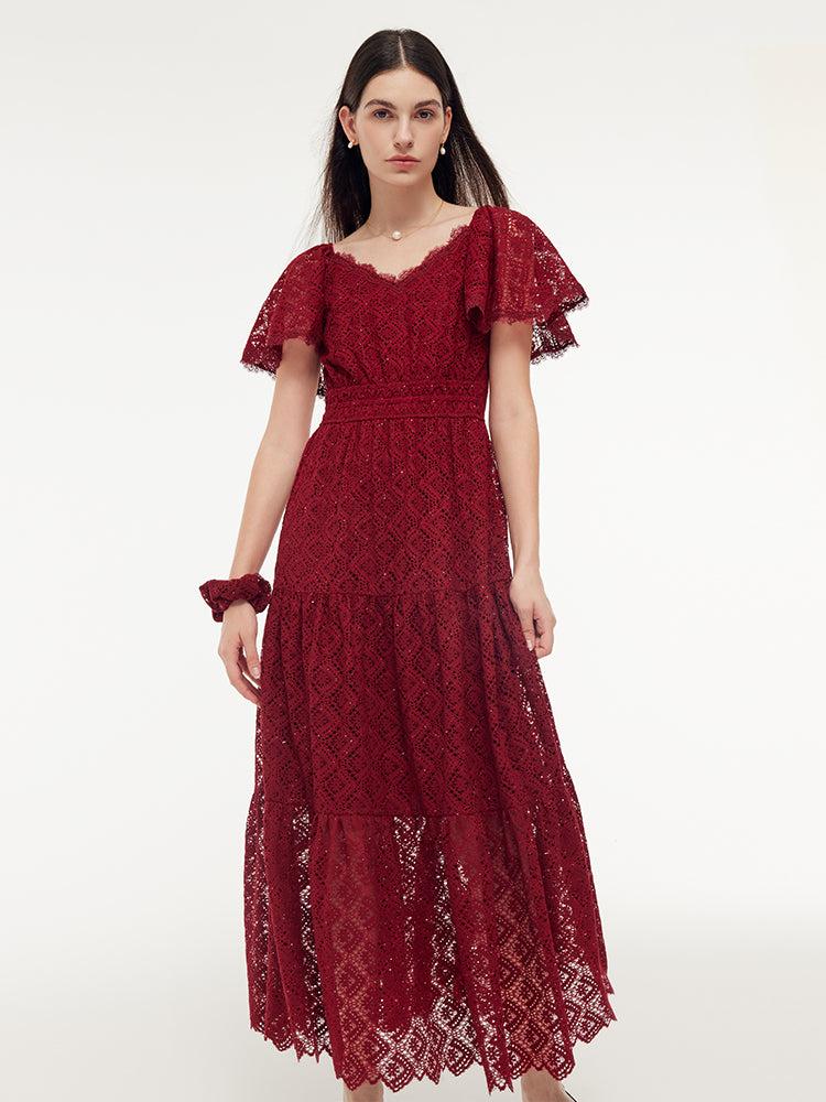 Lace Openwork Gathered Waist Women Tiered Maxi Dress With Scrunchie Product Image