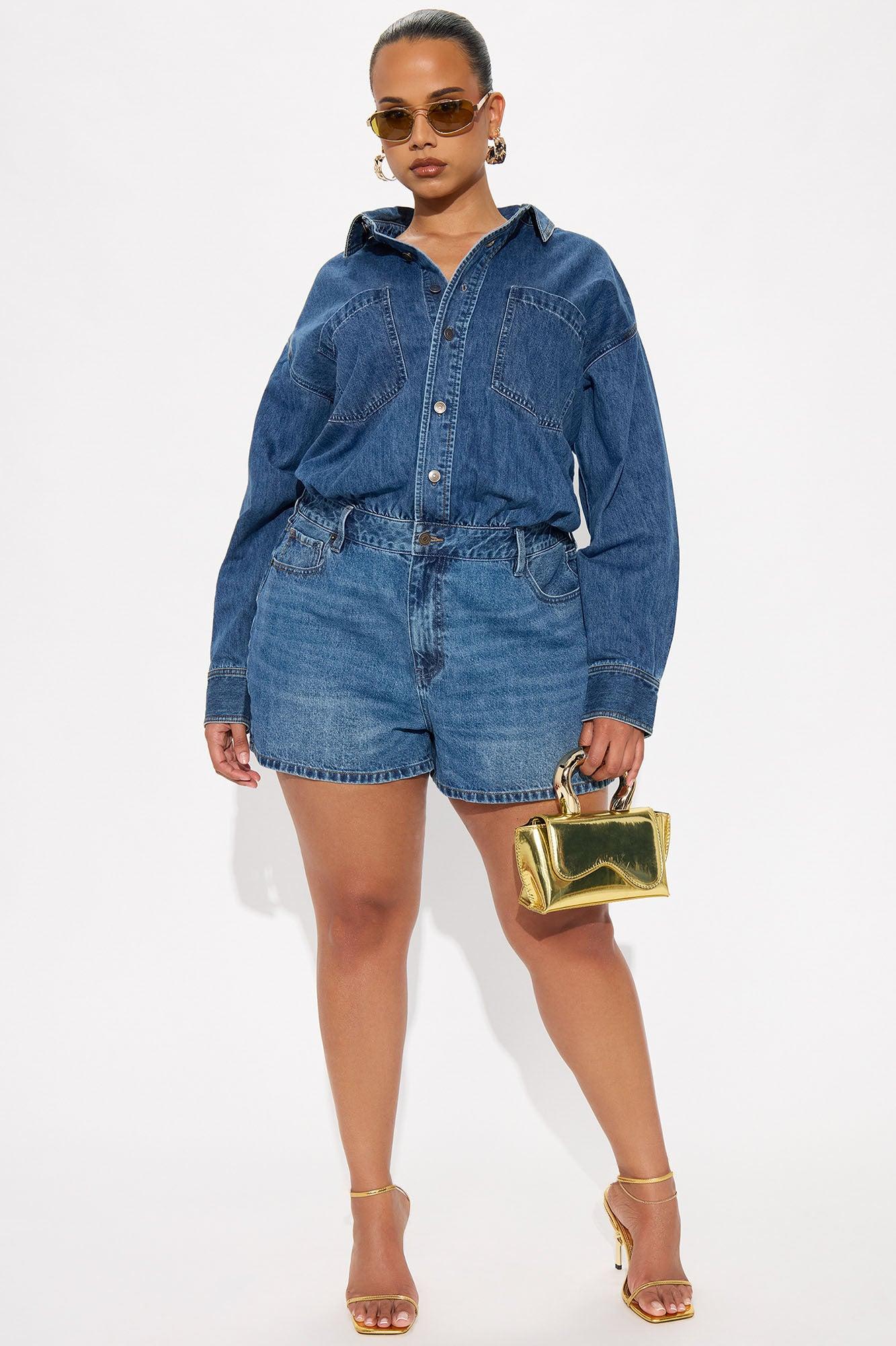 Farmer's Market Cutie Denim Romper - Medium Wash Product Image