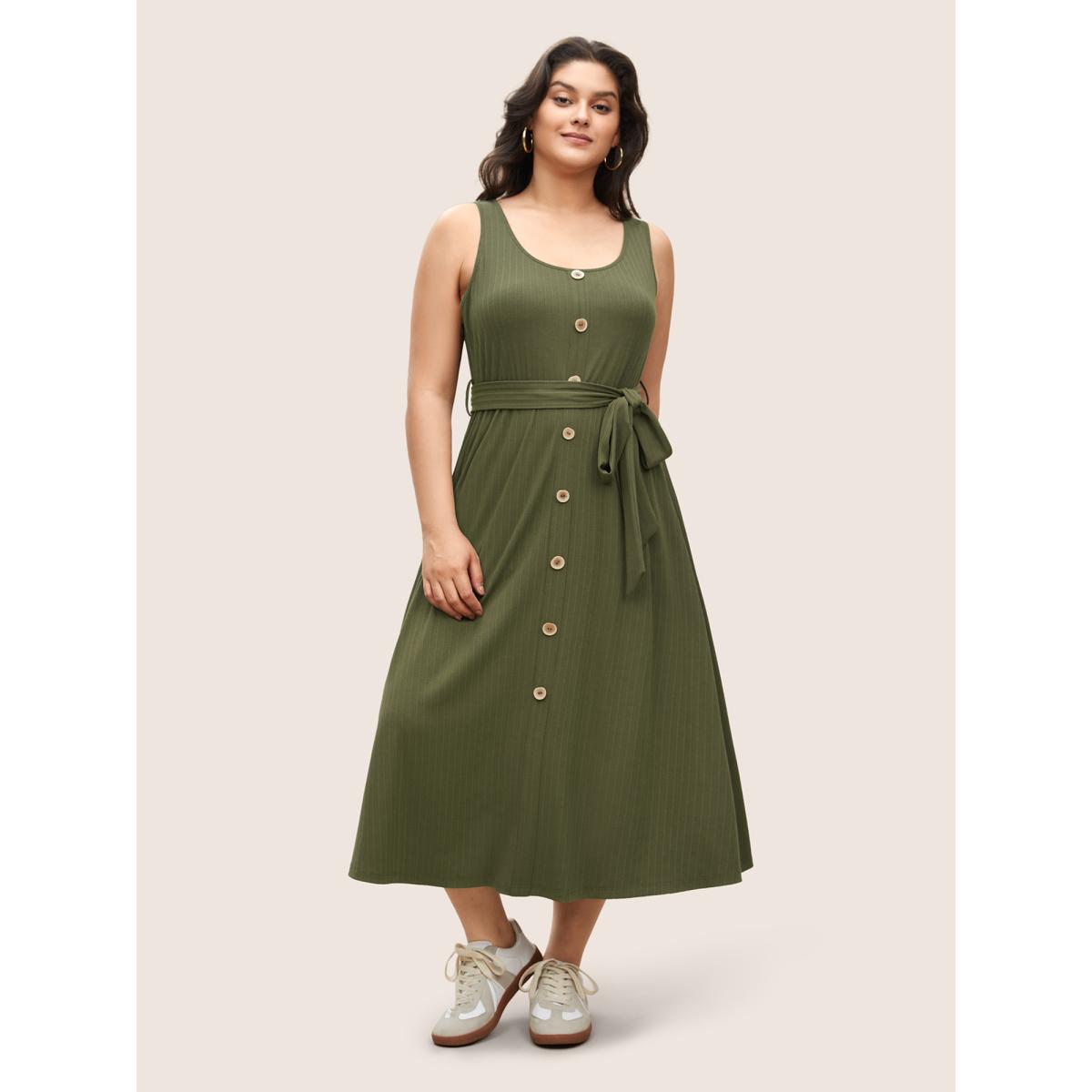 Plus Size Solid Button Detail Sleeveless Knit Dress ArmyGreen Women Casual Texture U-neck Sleeveless Curvy Midi Dress BloomChic 14-16/1X Product Image