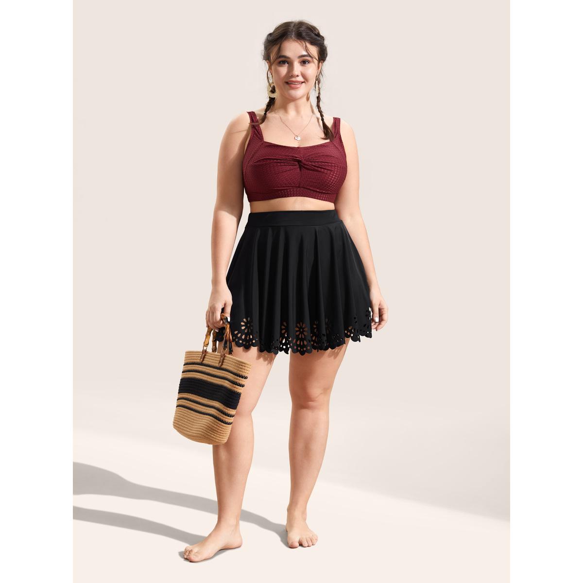 Plus Size Plain Laser Cut Elastic Waist Swim Bottom Women's Swimwear Black Beach Laser High stretch Bodycon High Rise Curve Swim Bottoms BloomChic 10/M Product Image