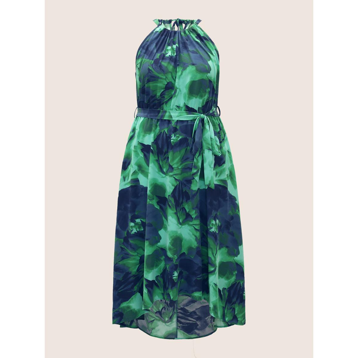 Plus Size Halter Watercolor Floral Belted Dress Emerald Women Elegant Gathered Halter neck Sleeveless Curvy BloomChic 28/5X Product Image