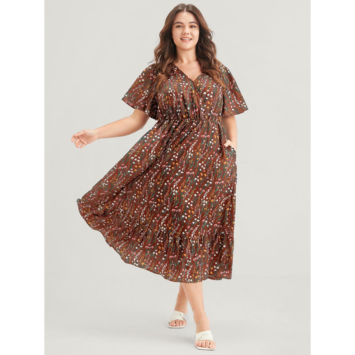 Plus Size Ditsy Floral Elastic Waist Button Ruffle Pocket Wrap Midi Dress Chocolate Women Elegant Pocket V-neck Short sleeve Curvy Long Dress BloomChic 10/M Product Image